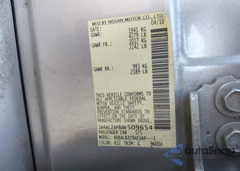 2010 Nissan Altima 2.5 S from USA, damaged, VIN 1N4AL2AP8AN509654